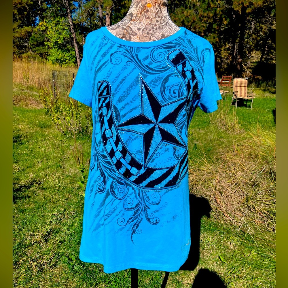 Sparkling Lucky Horse Shoe Western T-Shirt by Katydid. Size XL